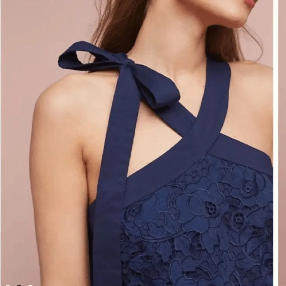 Anthropologie Shoshanna Floral Lace Navy Blue Halter Dress Size 6